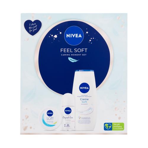 Nivea Feel Soft darčeková kazeta pre ženy sprchovací gél Creme Soft 250 ml  antiperspirant roll-on Original Natural 50 ml  hydratačný krém Soft 100 ml